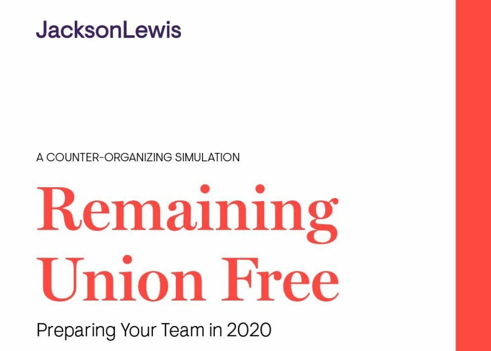 Brosjyreomslag fra et av mange kurs advokatfirmaet Jackson Lewis tilbyr for å 'håndtere' fagforeninger i USA.