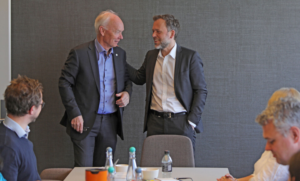 Per Olaf Lundteigen (t.v) og Audun Lysbakken holdt innledninger på Parats hovedstyremøte torsdag. Der fikk de klare tilbakemeldinger fra Parats politiske ledelse Foto: Trygve Bergsland/Parat