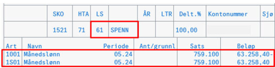For de med stillingskode i spenn vil lønnsslippen se slik ut: enten HTA71/22 og &! SPENN eller HTA 74 og 62 DIVERSE.