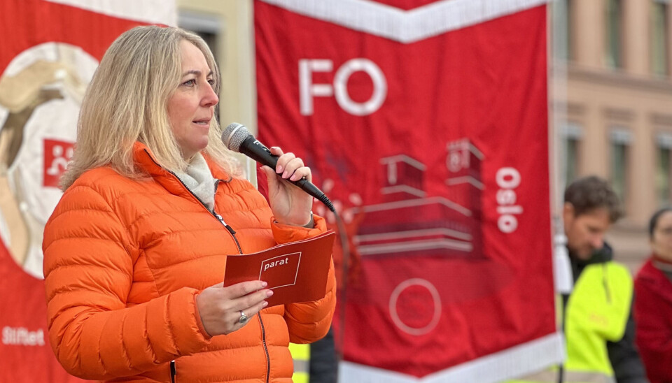Parat-leder Unn Kristin Olsen under streikemarkering på Youngstorget.