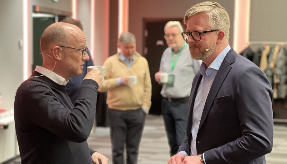 Ole Erik Almlid (NHO) og Hans-Erik Skjæggerud (YS) under Vidsyn-konferansen i Oslo tirsdag.